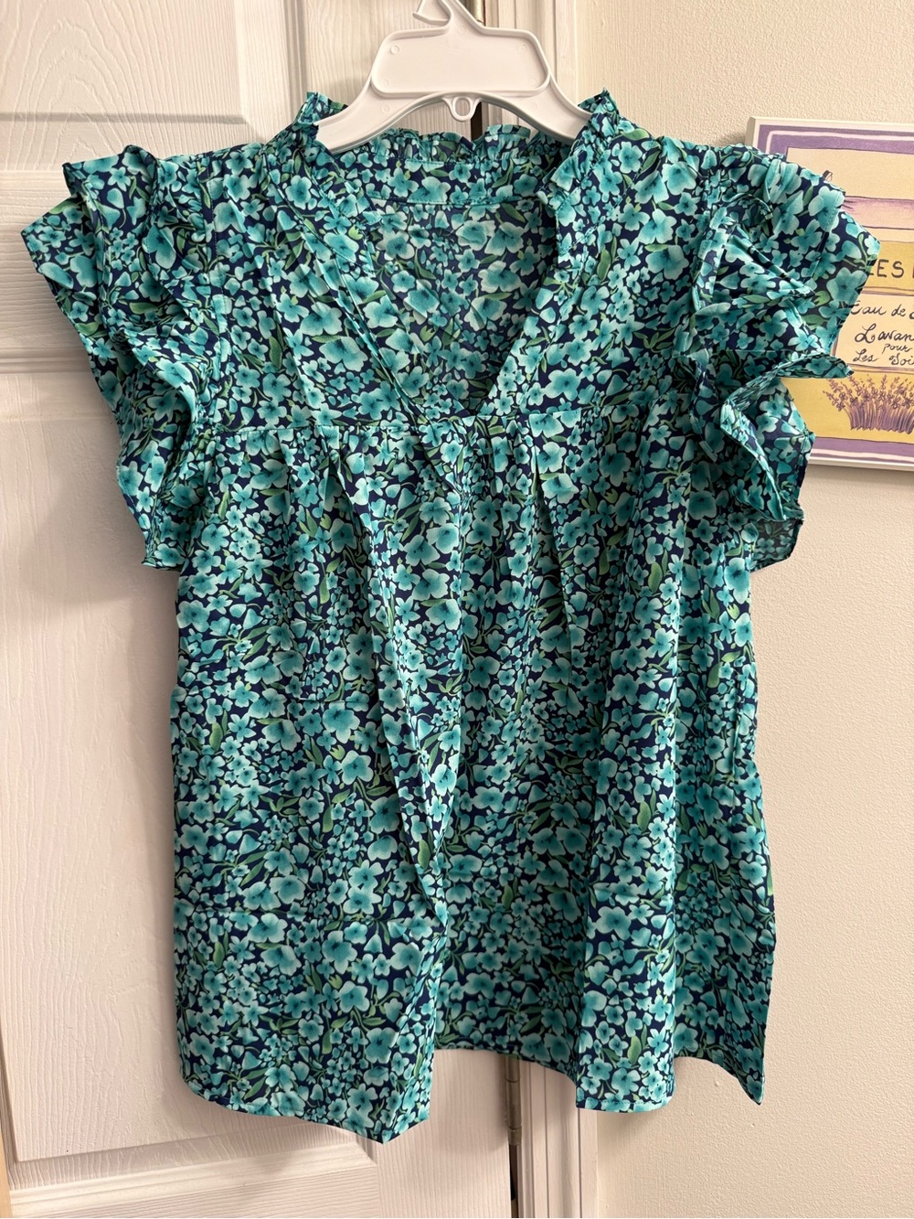 Floral V-Neck Ruffle Sleeve Top - Blue Green